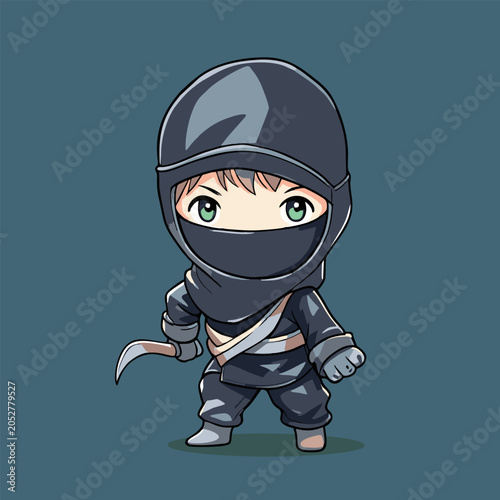 Chib ninja hooded child with tiny robot friend