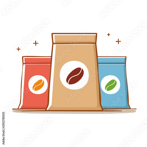 Three coffee bags with beans illustration