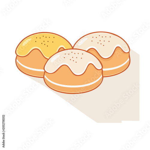 Three glazed donuts with sugar topping