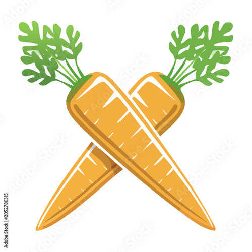 Two crossed carrots with green leaves