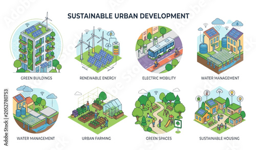 Sustainable Urban Development Illustration Featuring Green Buildings Smart Cities and Eco Communities