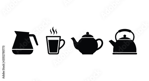 Black silhouette icons depicting a coffee pot mug teapot and kettle silhouette