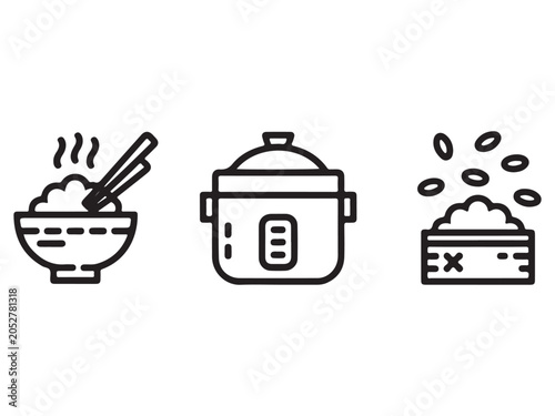Schilderij op canvas Rice cooker bowl with chopsticks and steaming hot rice and steamer basket icons
