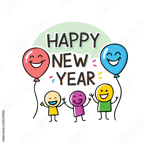 Happy new year celebration with smiling stick figures and colorful balloons