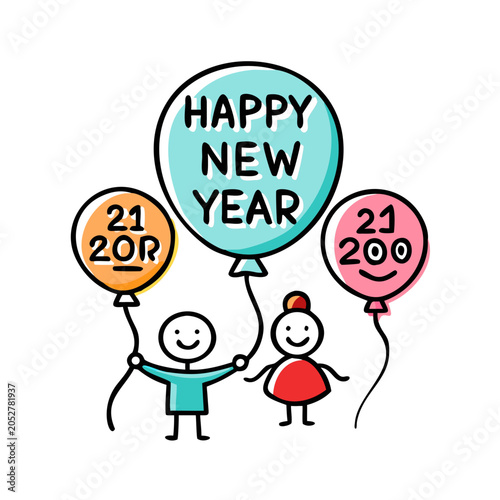 Happy new year celebration with two children and colorful balloons