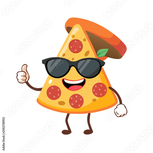 A cartoon slice of pizza wearing sunglasses and giving a thumbs up