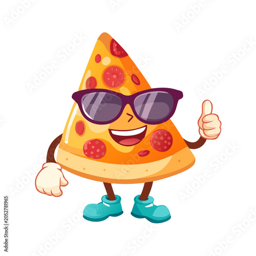 A cartoon slice of pizza wearing sunglasses and giving a thumbs up