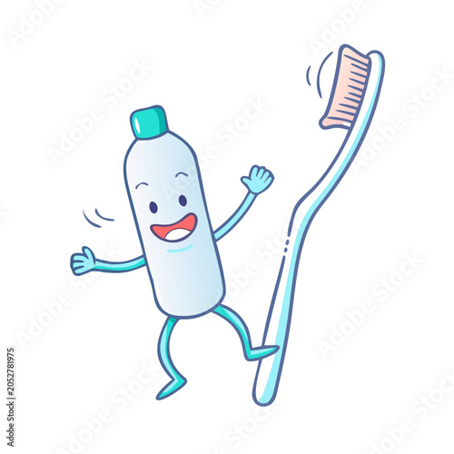 A cartoon toothpaste tube with a toothbrush dancing on with a smile