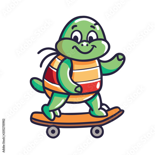 A cartoon turtle riding a skateboard with a happy expression