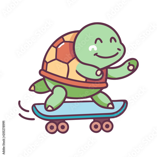 A cartoon turtle riding a skateboard with a happy expression