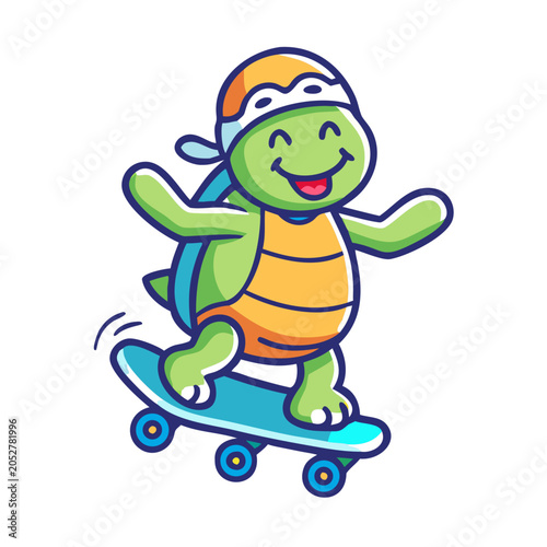 A cartoon turtle wearing a helmet rides a skateboard with a happy expression on its face