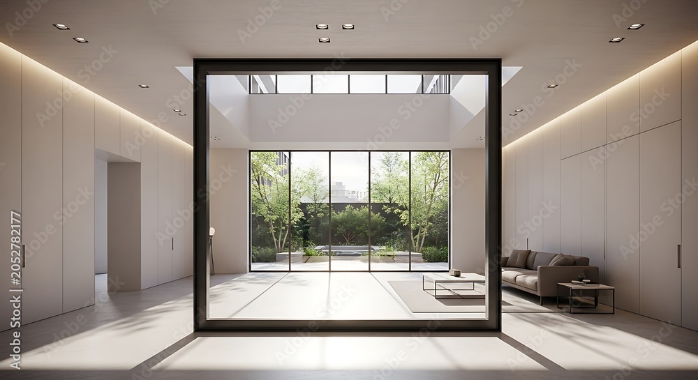 Fototapeta premium Modern minimalist interior with large windows.
