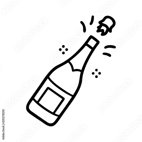 A black line drawing of a champagne bottle being opened