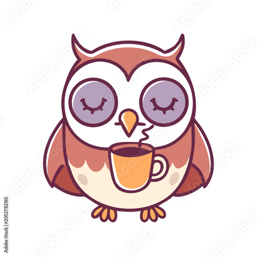 A cute cartoon owl with sleepy eyes holding a coffee mug