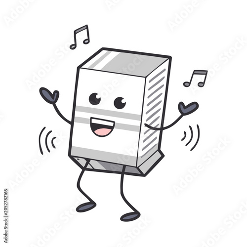 A cheerful cartoon illustration of a cassette tape dancing with musical notes