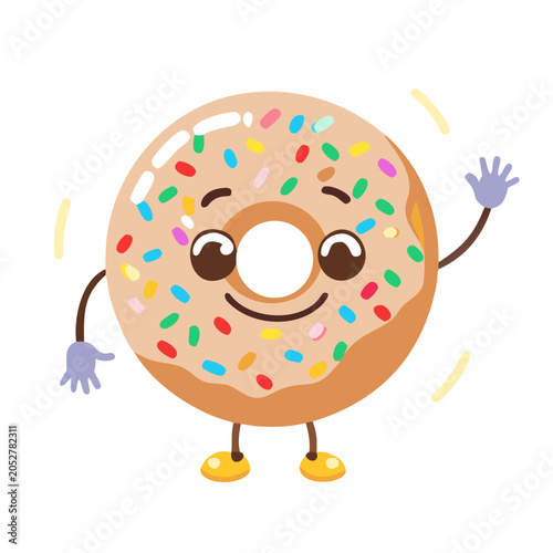 A cartoon donut with colorful sprinkles and a happy face