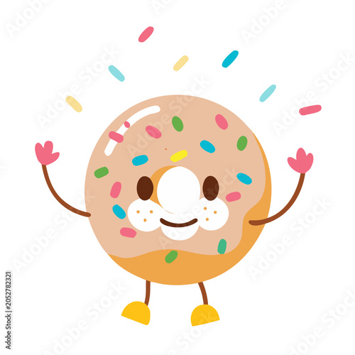 Colorful donut character, cartoon dessert, sweet treat, vector illustration