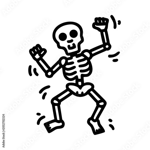 A cartoon skeleton dancing with raised arms and a lively expression