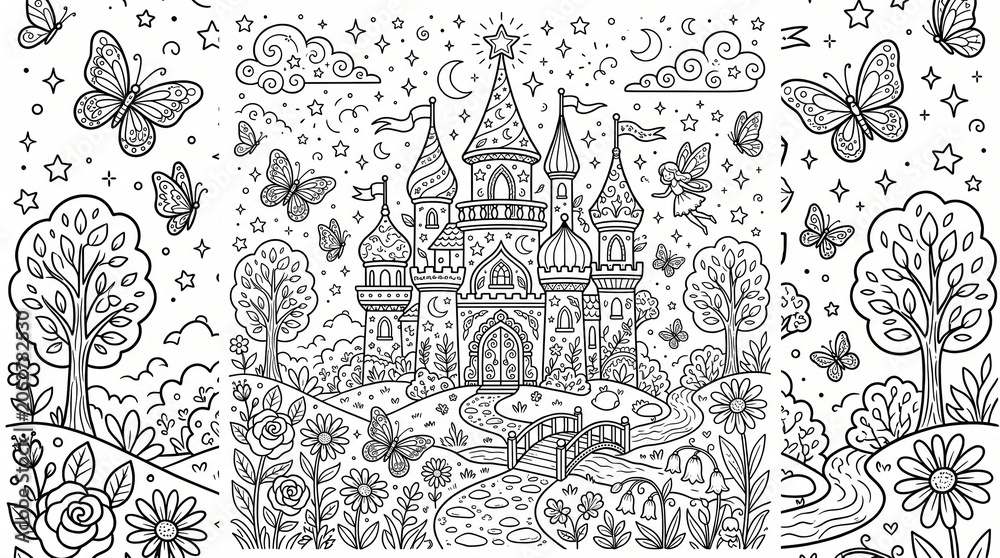 Naklejka premium Fairy tale castle coloring page with butterflies flowers and a winding path in a magical garden setting under a starry night sky with clouds