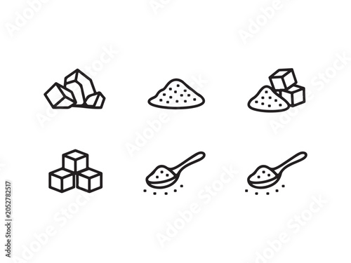 Foto Sugar crystals and cubes with spoons full of sugar on white background  various