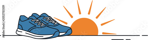 Running Shoes with Rising Sun Symbol Athletic Fitness Training Concept vector design