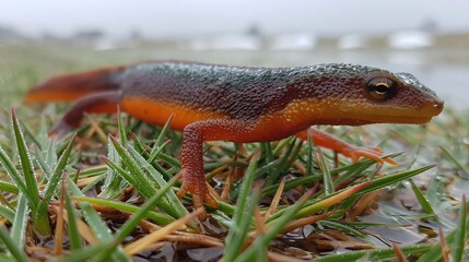 Colorful Newt on Wet Grass Surface