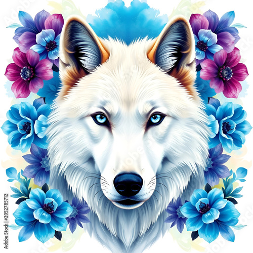 white wolf illustration with flowers 