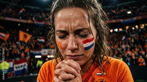 Dutch female soccer fan with face paint praying in stadium