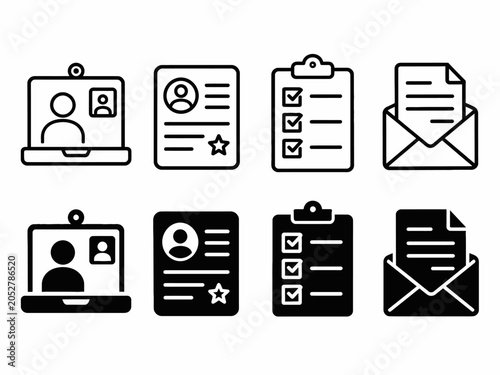 Digital and paperwork icons: profiles, checklists, and envelopes in black and white