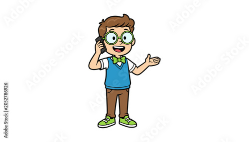 Photos Cartoon schoolboy character wearing glasses talking on phone with a young school