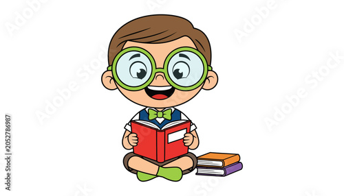 Bild auf Leinwand Cartoon schoolboy character wearing glasses reading a book with schoolboy