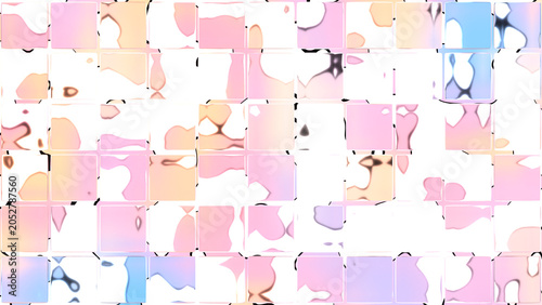 Bright abstract geometric background featuring a mosaic grid of 3D transparent glass tiles refracting soft pastel pink, white, and peach liquid shapes