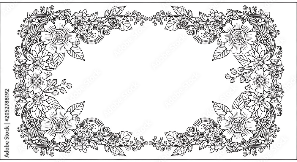 Obraz premium Black and white floral frame with flowers and leaves on white background for design transparent background