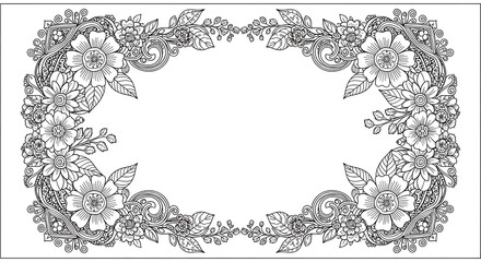 Black and white floral frame with flowers and leaves on white background for design transparent background