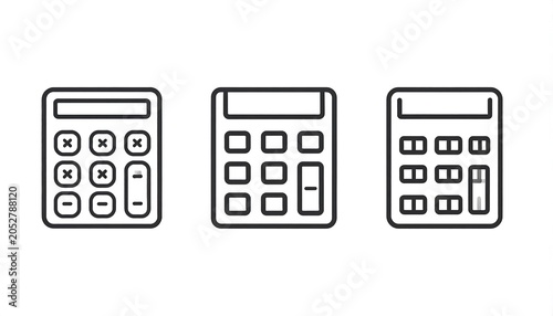 Three vector calculator icons with varying button layouts and outlines, presented on a white background