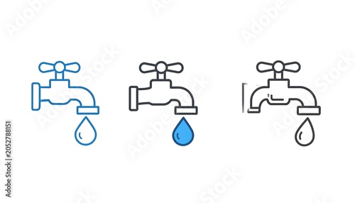 Three vector illustrations of a water faucet with a single water droplet. One colored