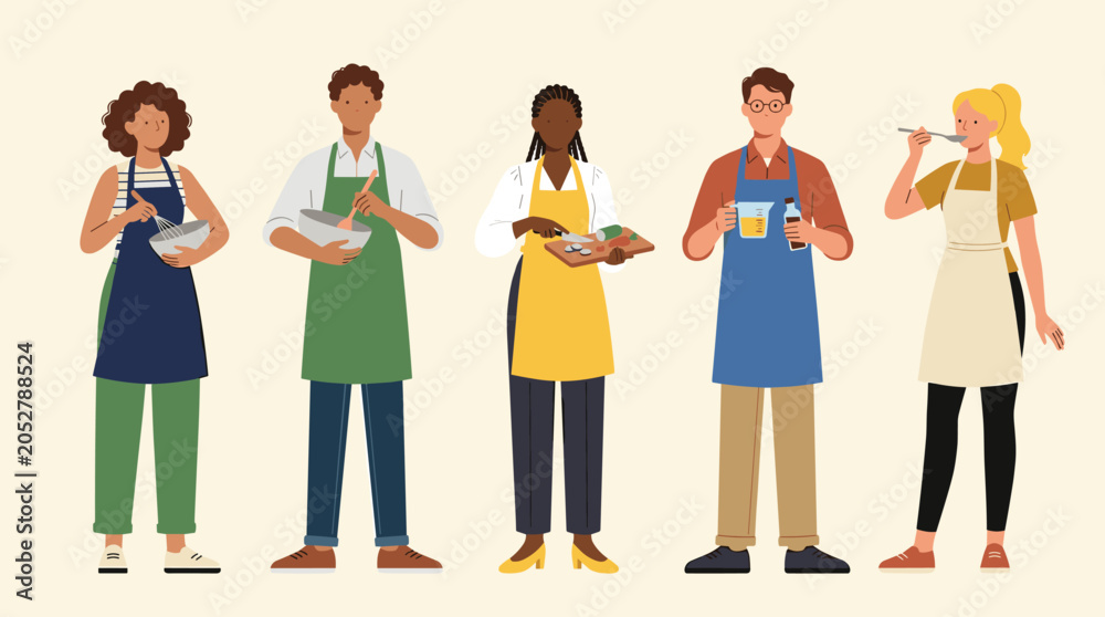 Fototapeta premium Diverse group of people cooking together in a kitchen wearing aprons, preparing food and smiling