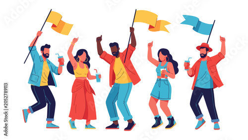 Fotografía Festival Fun: A vibrant group of friends joyfully celebrates an outdoor festival, waving colorful flags and holding drinks, embodying the spirit of togetherness and fun