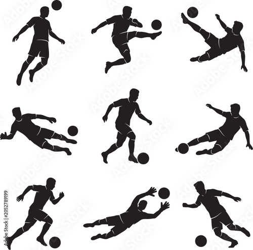 Football Player Silhouette Set Soccer Action Poses Vector
