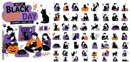 Canvastavla National Black Cat Day vector collection, 40 icons of people with cats, purple a