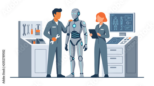 Foto Human-Robot Collaboration: Two engineers stand with a futuristic robot in a high-tech workshop, illustrating the synergy between human ingenuity and artificial intelligence