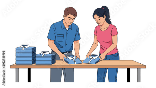 Fotografie Sorting Clothes: A man and a woman neatly fold and stack blue shirts on a table, organizing garments for an efficient process