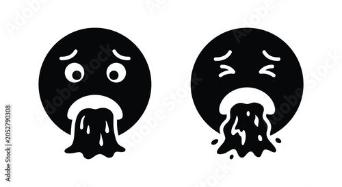 Foto Sick face with vomit illustration black and white silhouette vomiting illness