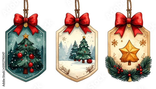 Three watercolor-style holiday ornaments featuring Christmas tree designs, adorned with red bows