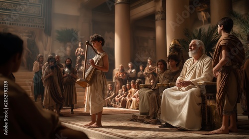 In the royal hall, young David plays the harp with skill and devotion, while King Saul listens from his throne and the servants watch quietly around them.
