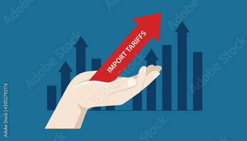 Obraz na płótnie Hand holding red import tariffs arrow with blue graph background red arrow blue