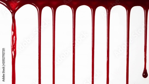 Red blood drips leaking on white background, isolated liquid flowing down surface in streams