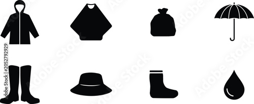 Schilderij op canvas Collection of rainy weather clothing and accessories black silhouette icons with