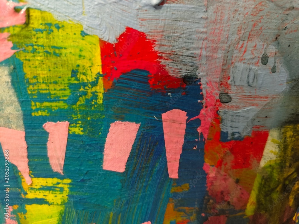 Naklejka premium Abstract acrylic canvas detail, red blue pink yellow neon mixed media texture