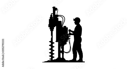 Obraz na płótnie Drilling rig and operator silhouette against a white background